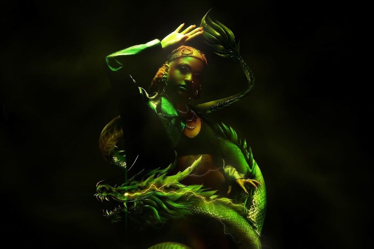 A close-up of Kenyan artist Xenia Manasseh’s dragon themed cover artwork for her new album.