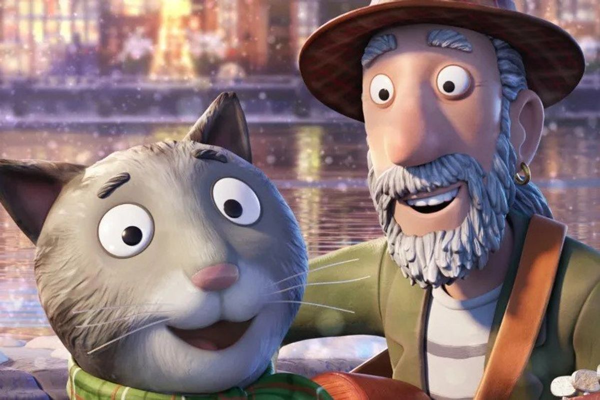 A still image from Tabby McTat showing a cuddly cat smiling with an old man. 