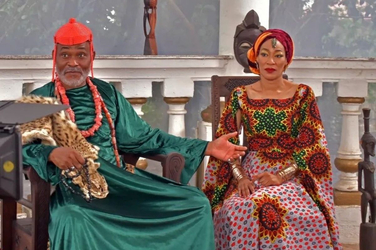 A still of Richard Mofe-Damijo and Ummi Baba Ahmed in Lolo Eremie’s ‘Tarella’.