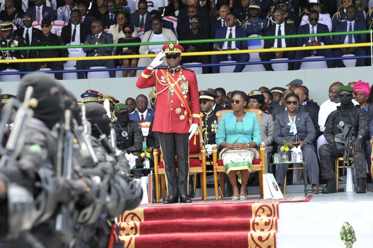 Brice Oligui Nguema, the Transitional President of Gabon, chairman of the Committee for the Transition and Restoration of Institutions and the Commander-in-Chief of the Gabonese Republican Guard, salutes during a military parade for the Gabon Independence Day in Libreville on August 17, 2024.