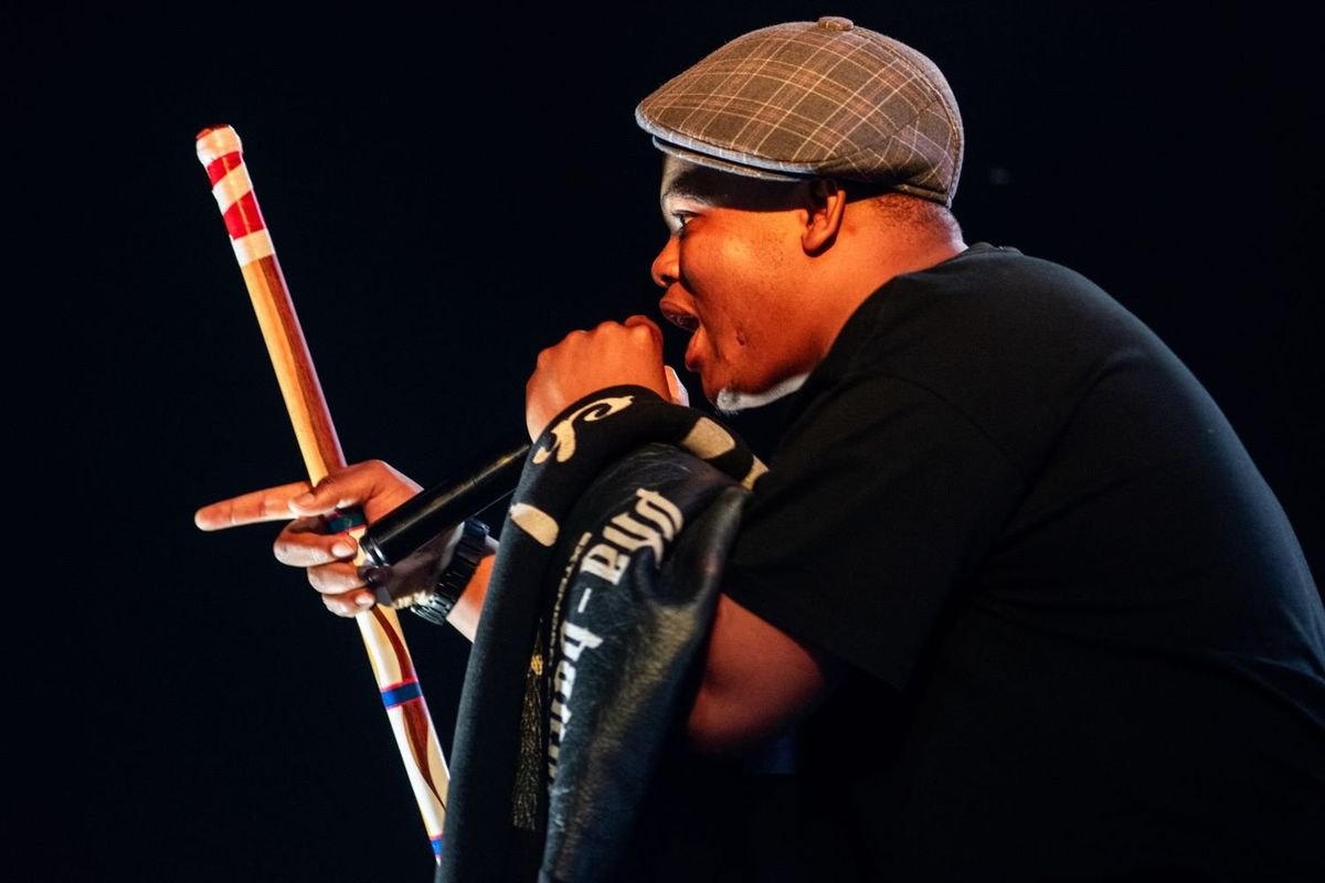 Lesotho musician Sannere performs onstage at Sesotho Fashioneng.