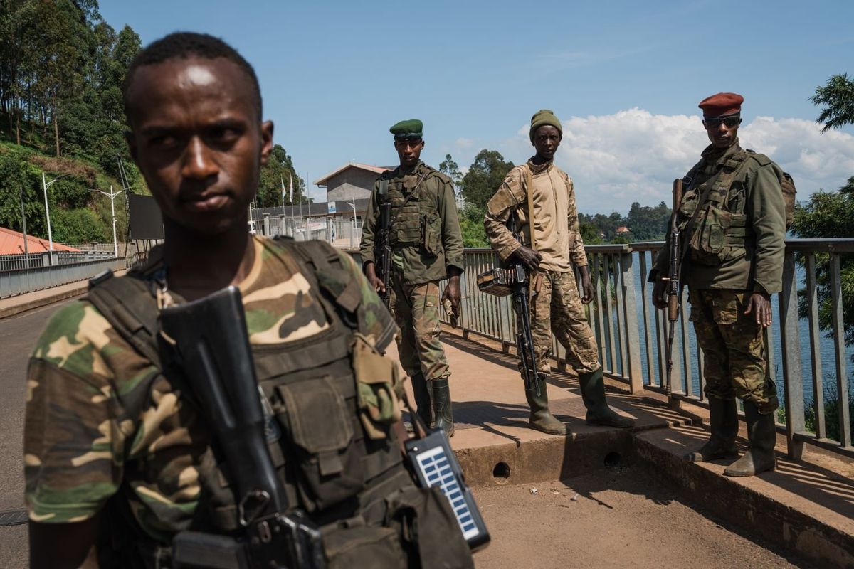 M23 rebel troops arrive at the Rusizi border post, joining the Congolese city of Bukavu with Cyangugu in Rwanda, on February 16, 2025, in Cyangugu, Rwanda.
