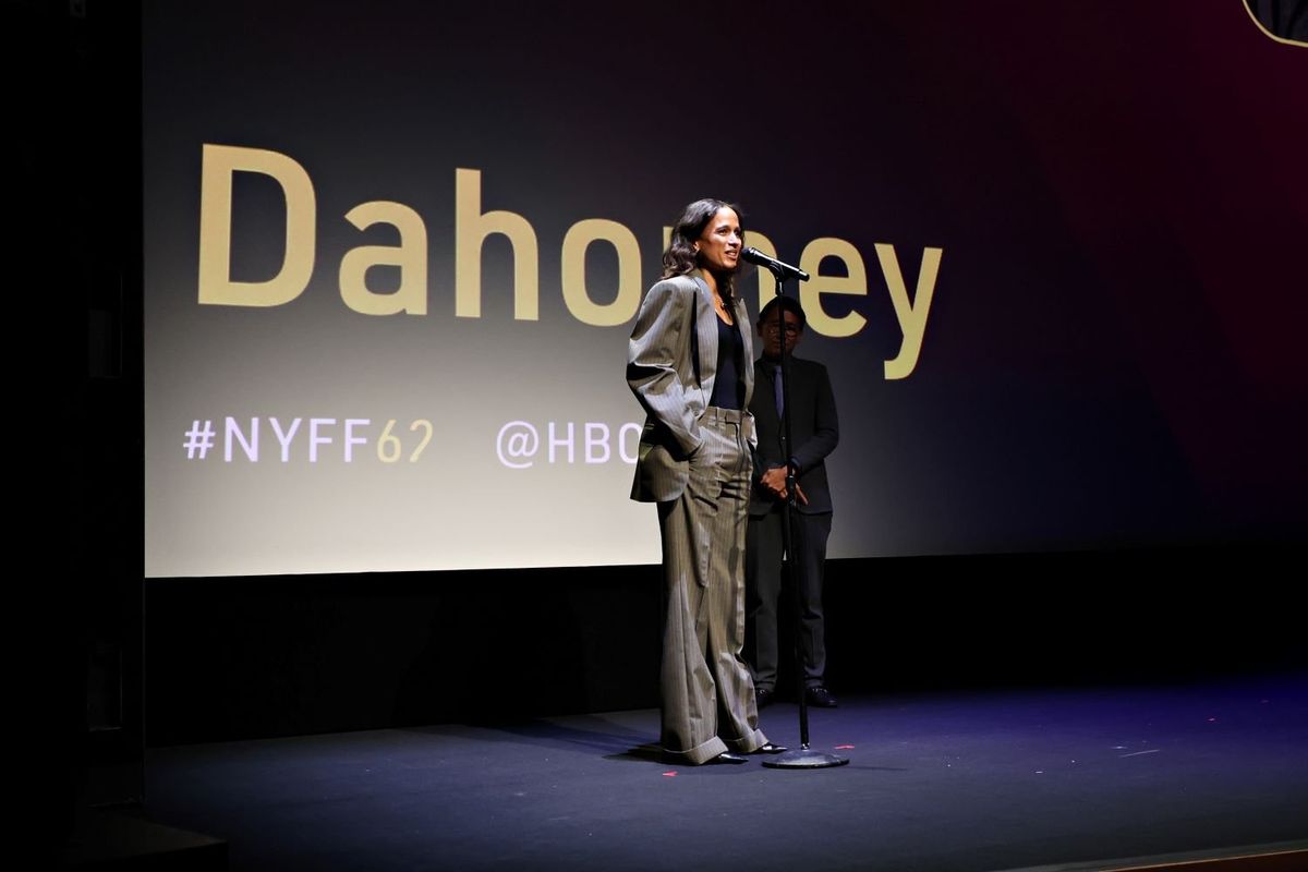Mati Diop speaks at the ‘Dahomey’ screening during the 62nd New York Film Festival at Alice Tully Hall, Lincoln Center, on September 28, 2024, in New York City.