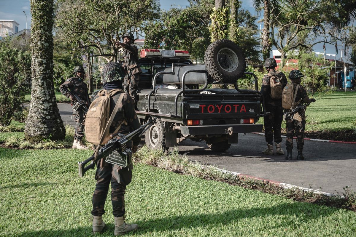 Photo taken on April 11, 2024 shows soldiers of the Congolese Army on patrol in Goma, North Kivu province, eastern Democratic Republic of the Congo DRC.