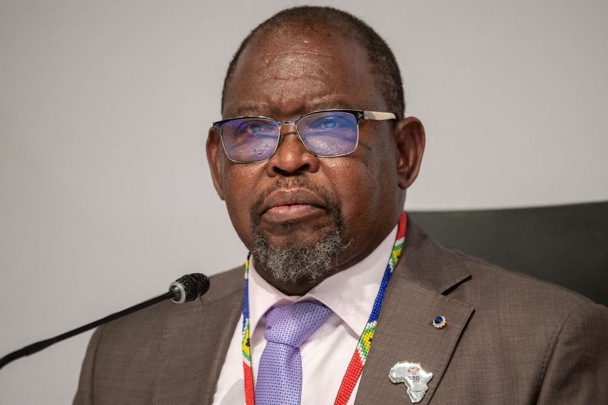 South African Minister of Finance Enoch Godongwana addresses the closing press conference of the G20 Finance and Central Bank Deputies and Ministerial Meeting at the Cape Town International Convention Centre (CTICC) in Cape Town on February 27, 2025.