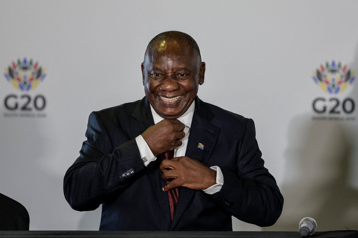 South African President Cyril Ramaphosa reacts at a press conference during the G20 Foreign Minister Meeting at the Nasrec Expo Centre in Johannesburg on February 20, 2025.