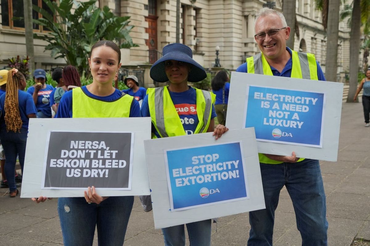 Supporters protest against Eskom 40% tariff hike outside NERSA public hearing on November 21, 2024 in Durban, South Africa.