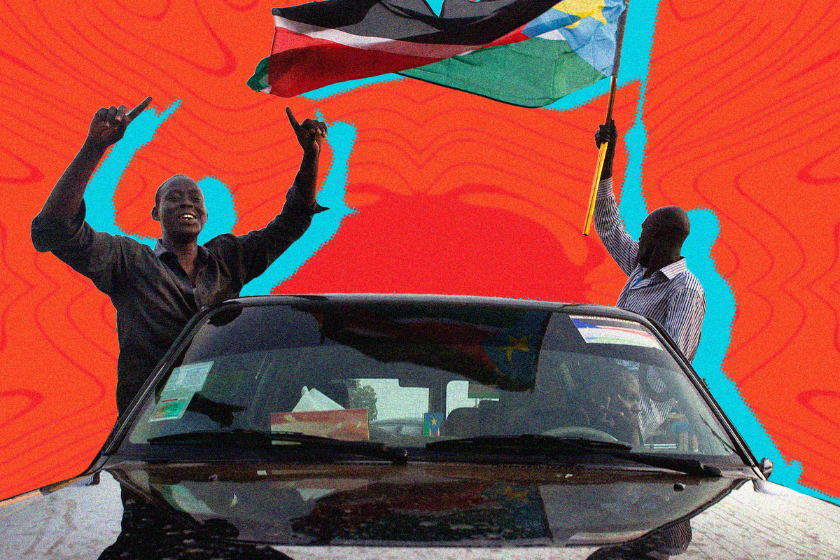 A photo of two men celebrating from a car, one waving the South Sudan flag and the other raising his hands joyfully, against an orange background.