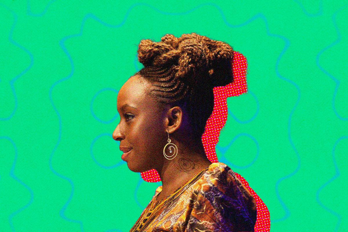 A side portrait photo of Chimamanda Ngozi Adichie in braided hair and spiral earrings, wearing a top made with brown patterned African prints.