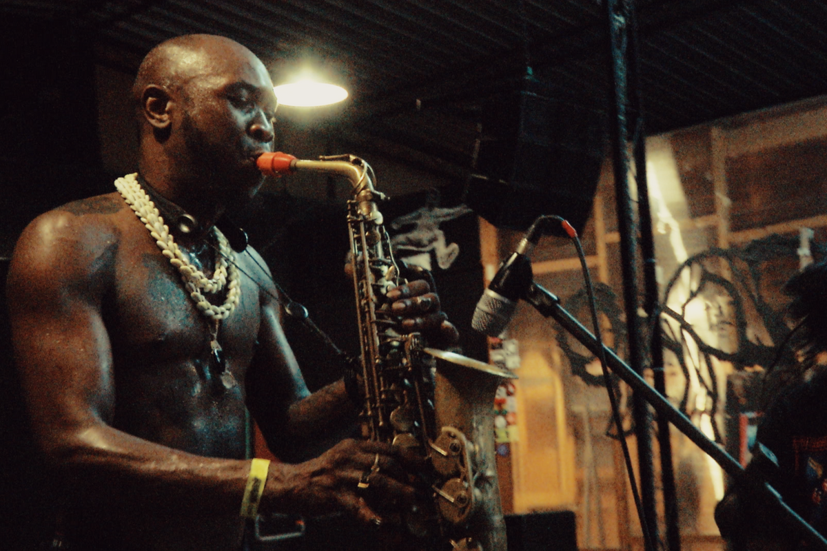 A still from the live video of Seun Kuti’s “Emi Aluta.”
