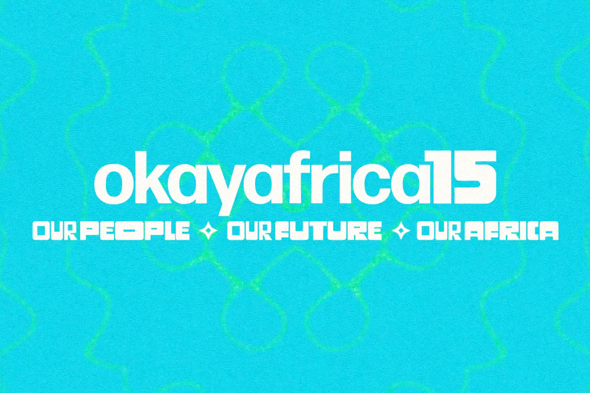 OkayAfrica 15th anniversary logo on a bright blue background with the slogan "Our People. Our Future. Our Africa."