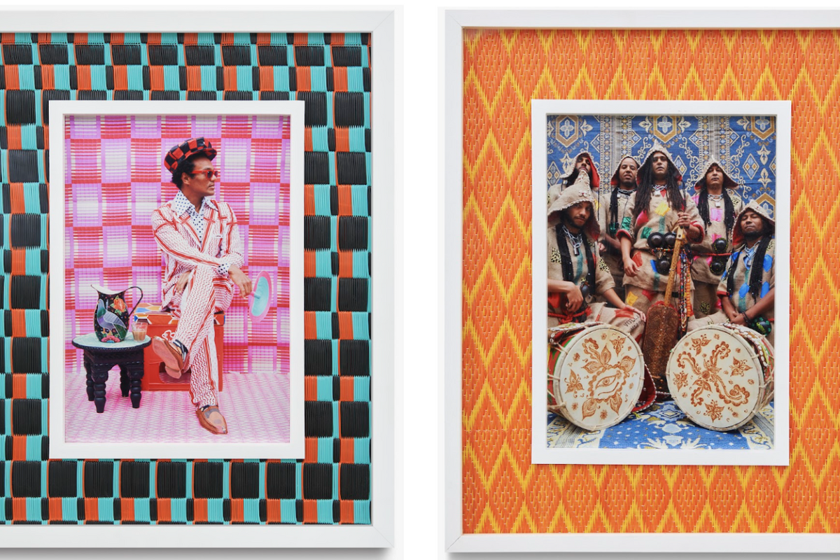 To the left, a portrait of Bruno Mars wearing a pink suit, drinking tea in front of a pink textile background, and framed in a patterned turquoise, orange and black plastic mat. To the right, a group of Moroccan Gnawa musicians, including Marouane Lbahja and Simo Lagnawi, posing in front of a blue patterned wall, framed by an orange and yellow plastic mat.
